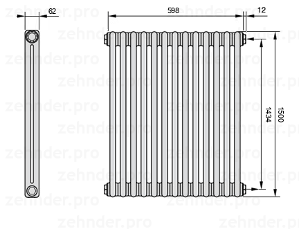 Схема (чертеж) Радиатор Zehnder Charleston 2150/13 №7610 Белый глянцевый RAL 9016